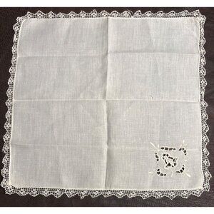 Vintage Embroidered Handkerchief Hanky Floral Flower Wide Crochet Border Wedding